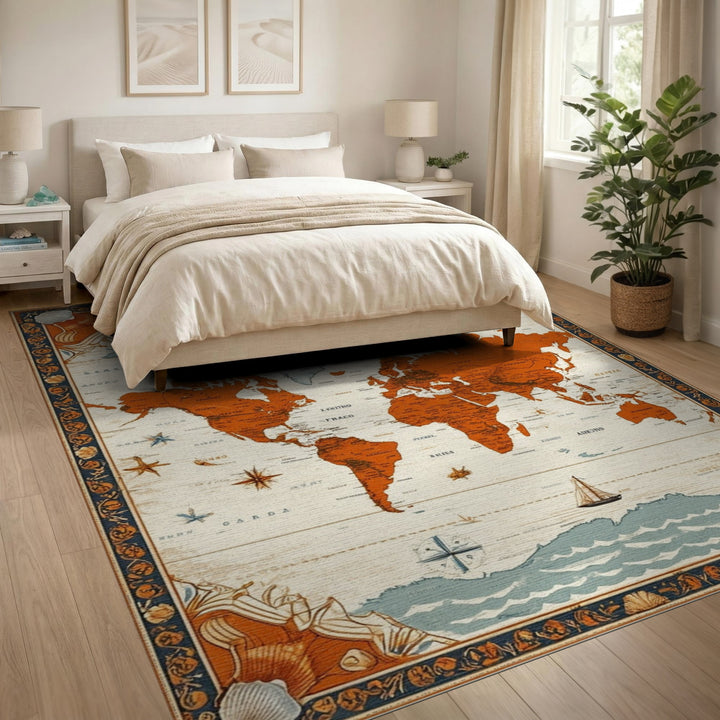 Vintage Orange World Map Area Rug