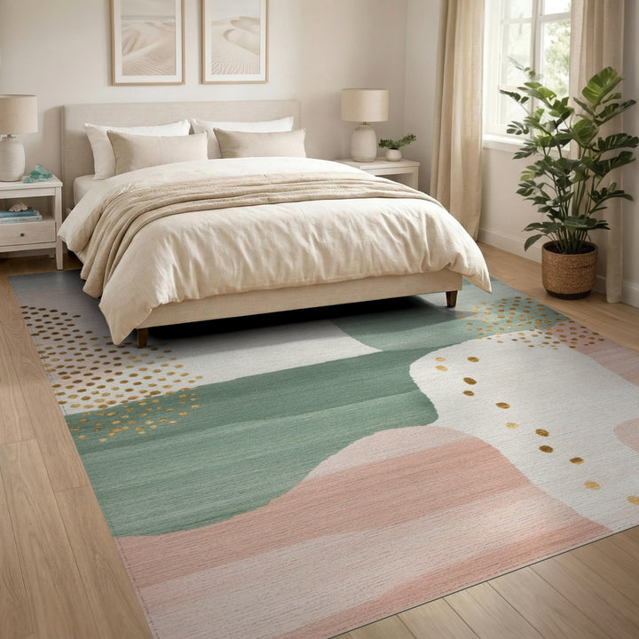 Abstract Teal Pink Gold Dot Area Rug