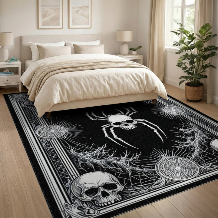 Skull Spider Black White Washable Area Rug