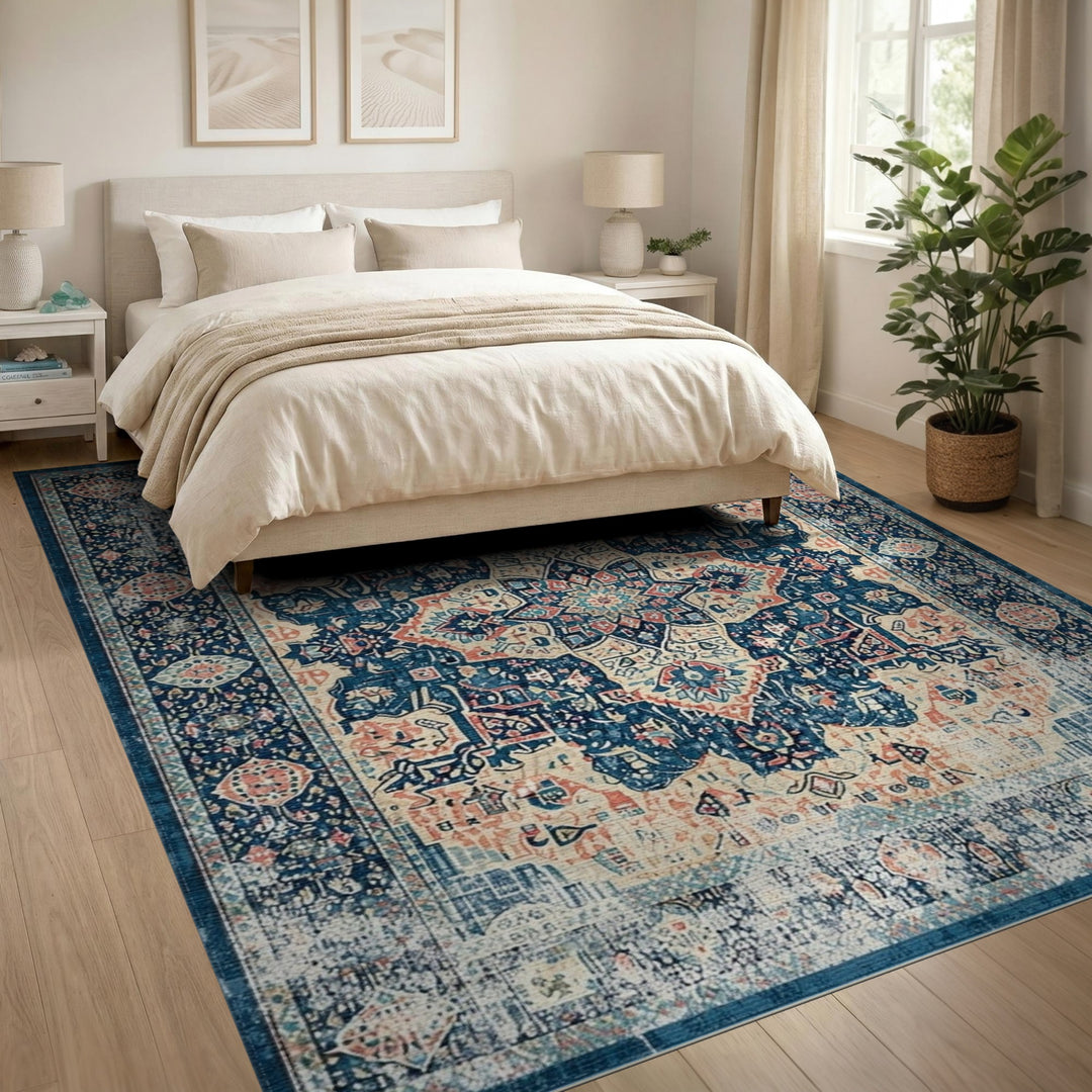 Blue Teal Distressed Vintage Medallion Area Rug