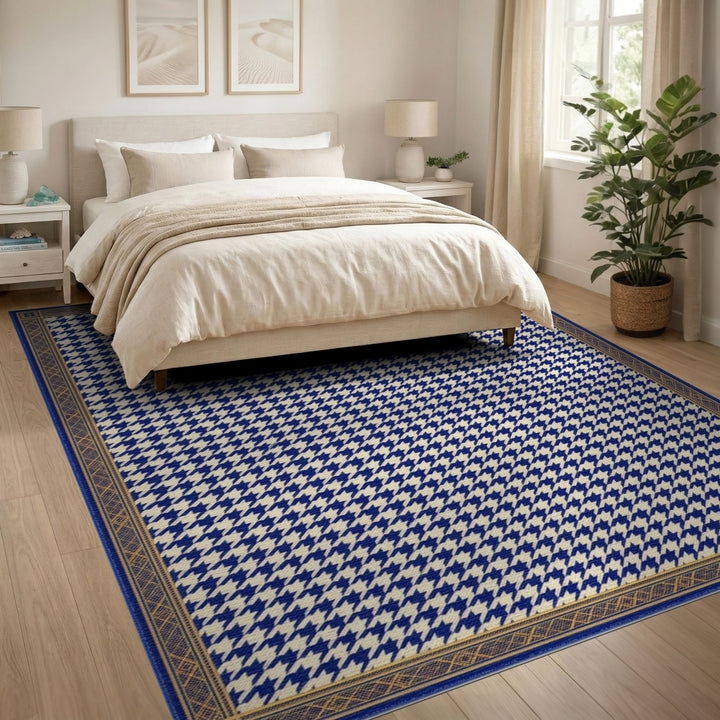 Navy Blue Houndstooth Bordered Area Rug