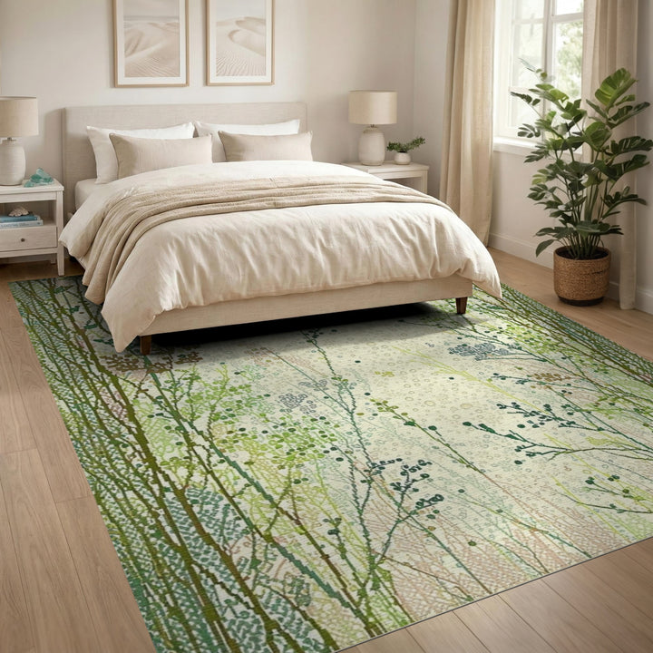 Green Wildflower Meadow Washable Area Rug