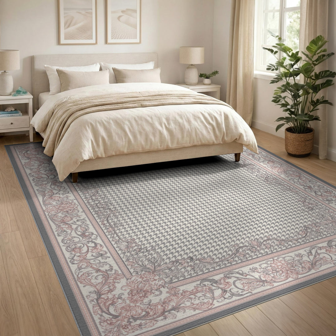 Pink Grey Floral Vintage Houndstooth Rug