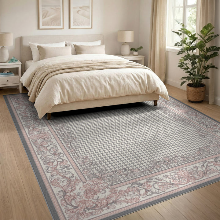 Pink Grey Floral Vintage Houndstooth Rug