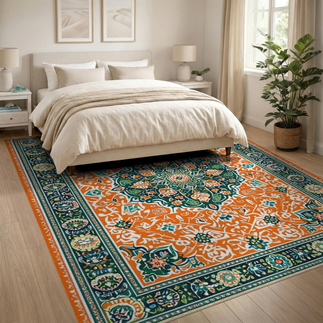 Orange Vibrant Orange Floral Medallion Area Rug