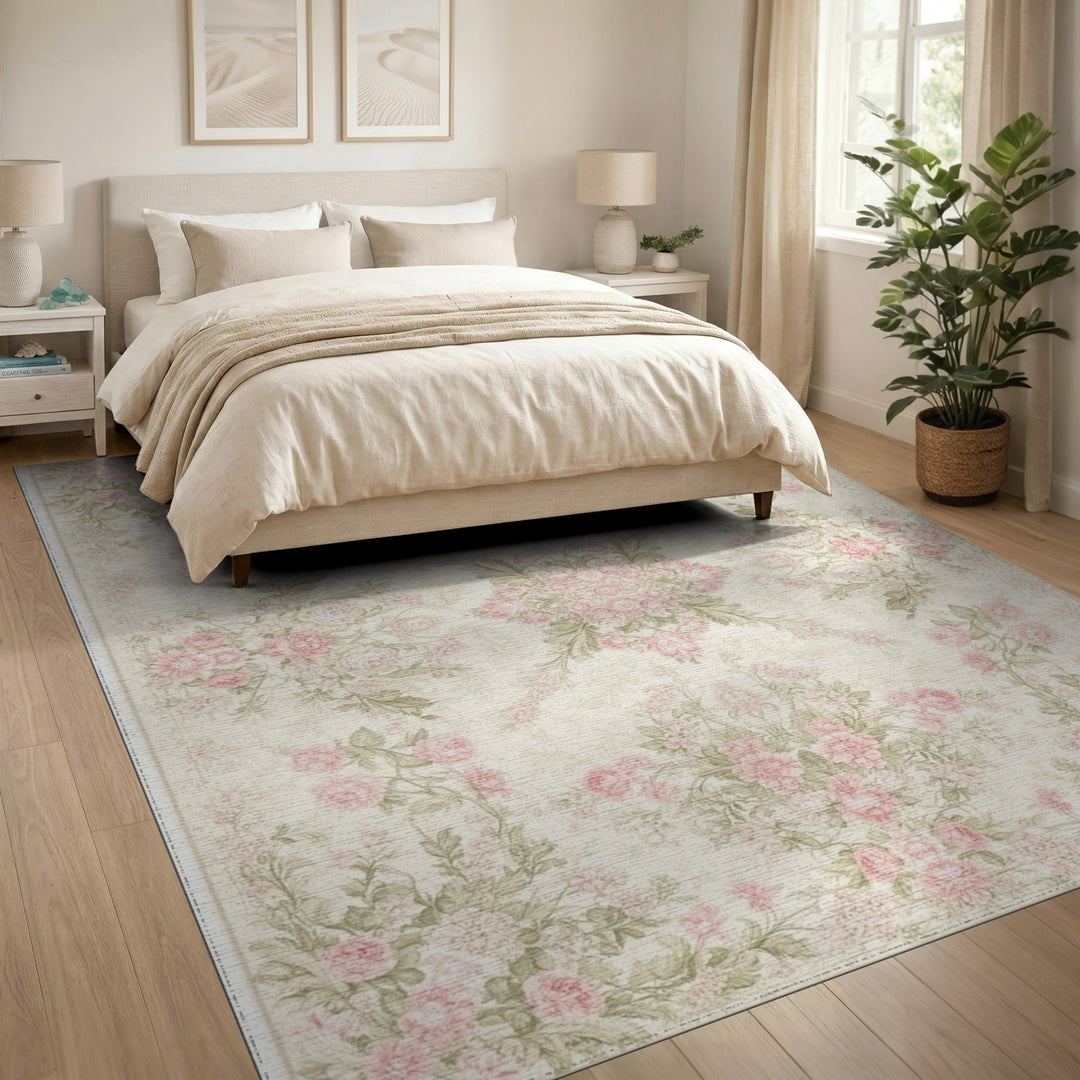 Vintage Pink Rose Floral Area Rug