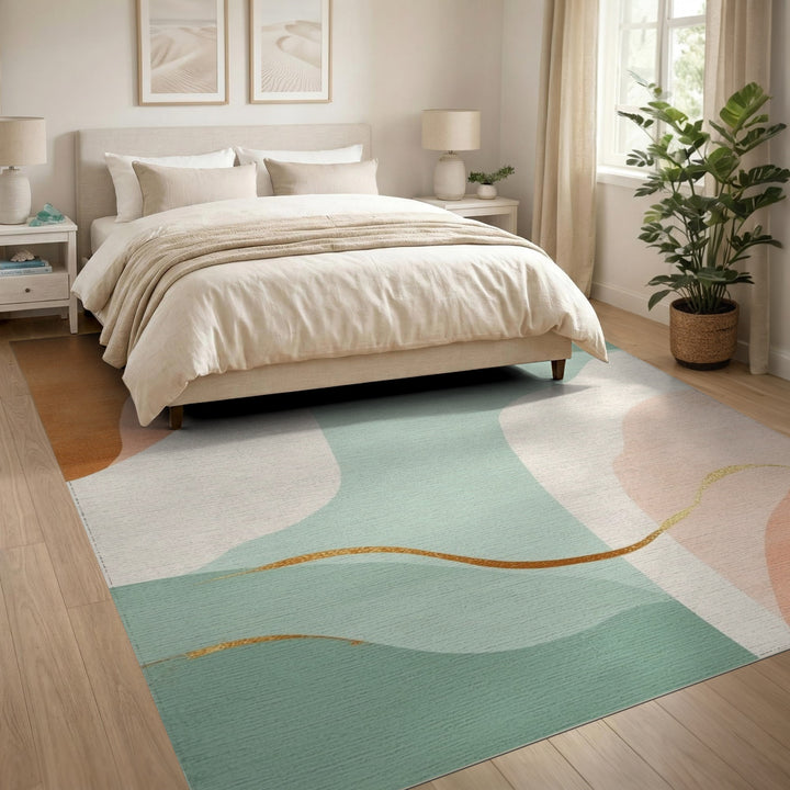 Abstract Teal Area Rug with Gold Accents