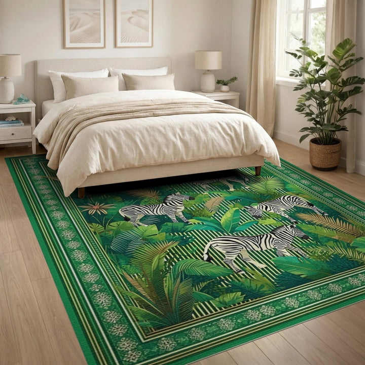 Green Zebra Jungle Washable Area Rug