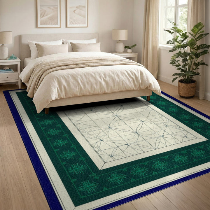 Teal Geometric Snowflake Border Area Rug
