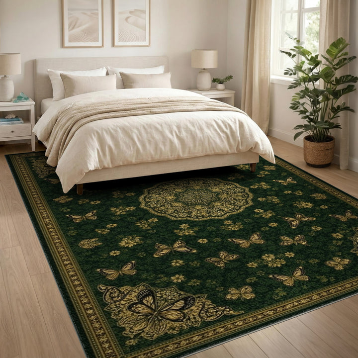 Green Gold Butterfly Medallion Area Rug