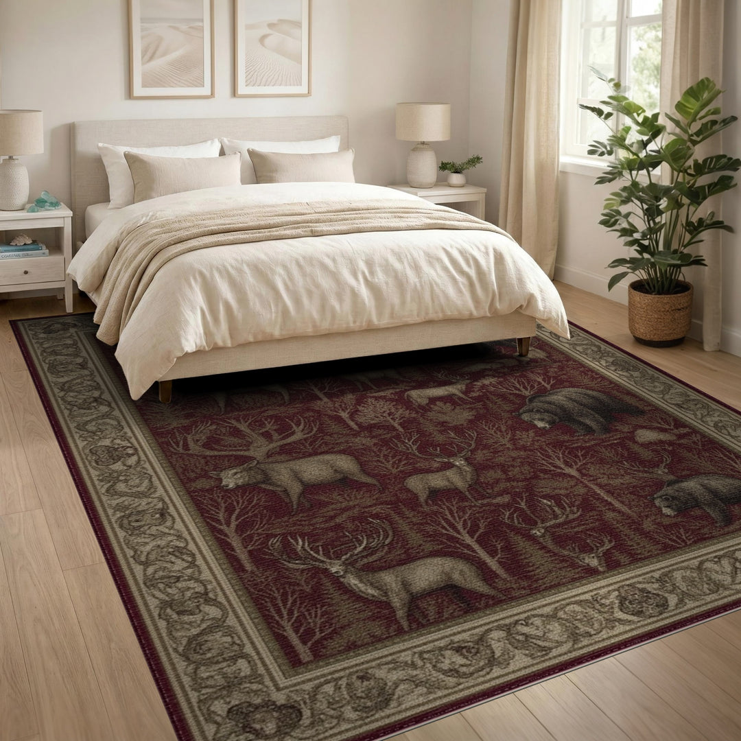 Red Forest Wildlife Area Rug