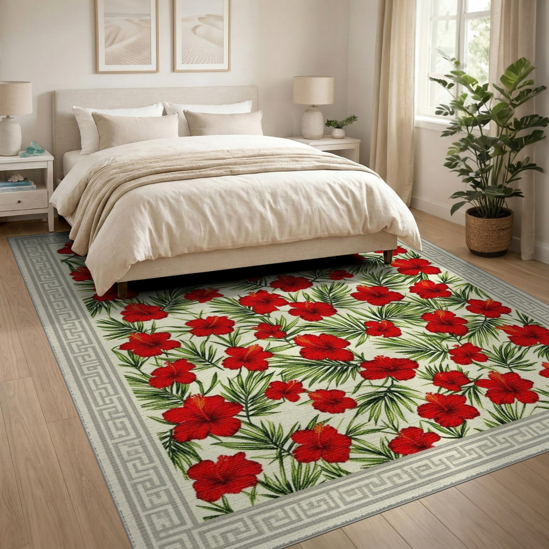 Floral Vintage Red Hibiscus Floral Area Rug