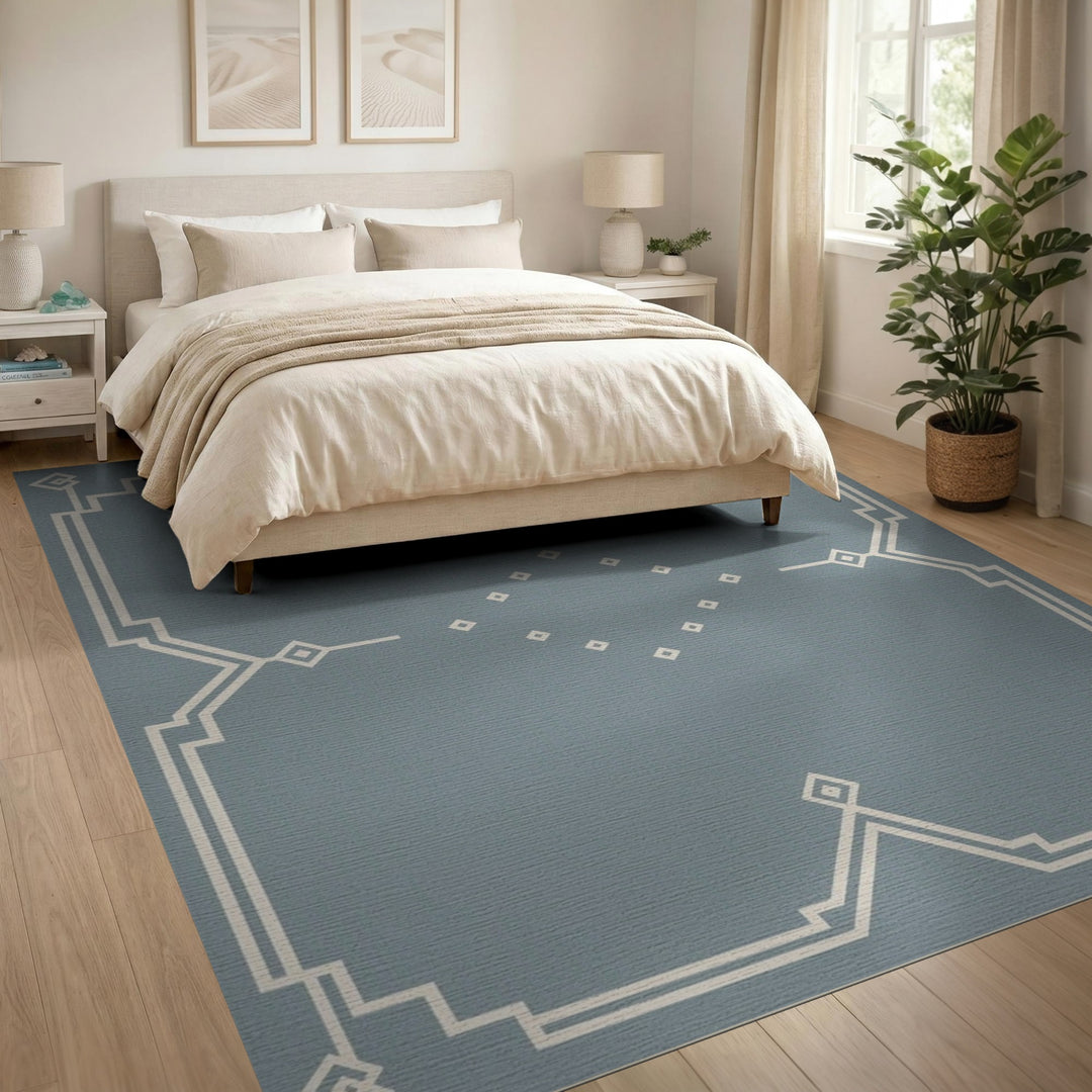 Blue Geometric Border Area Rug