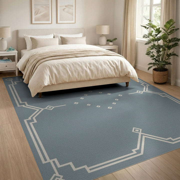 Blue Geometric Border Area Rug