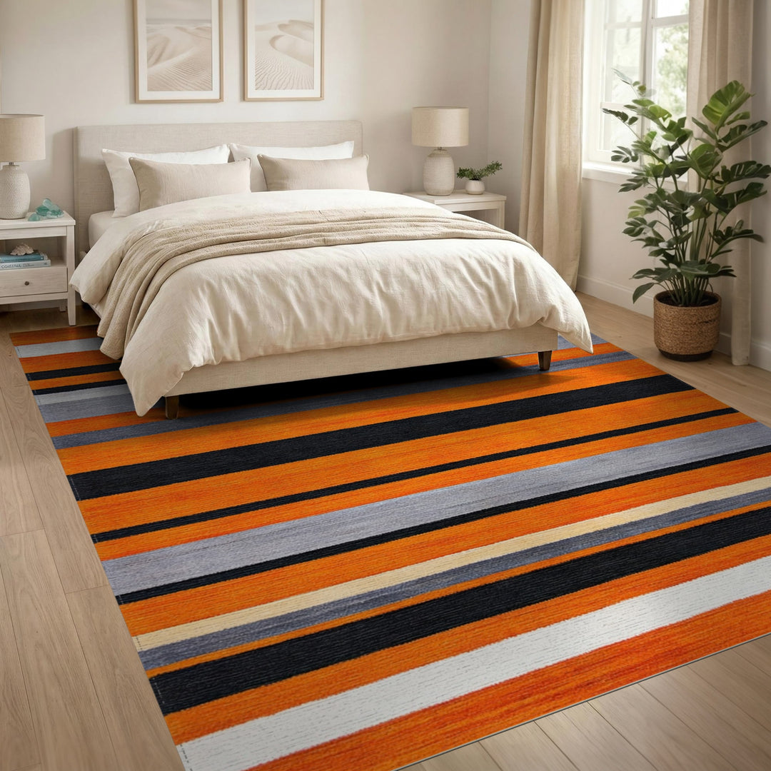 Geometric Modern Orange Black Striped Geometric Area Rug