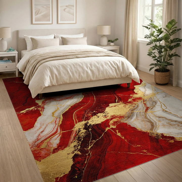Red Gold Marble Abstract Area Rug
