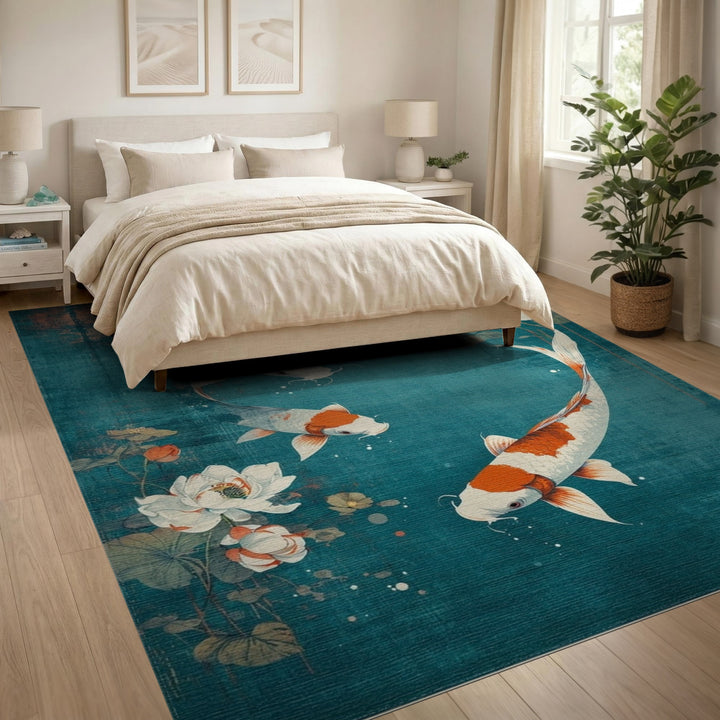 Distressed Vintage Koi Lotus Teal Area Rug