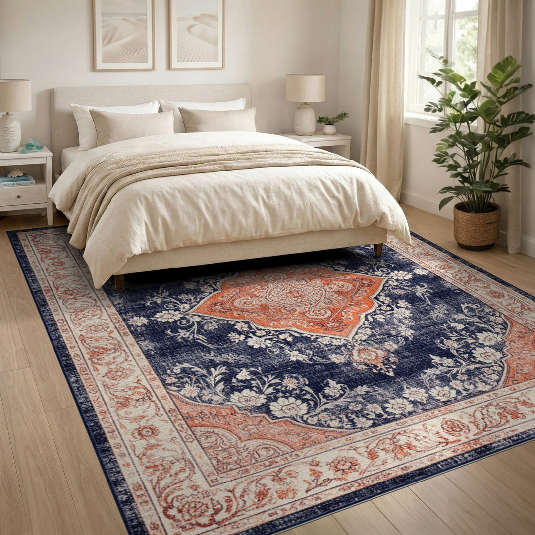 Blue and Teal Navy Blue Distressed Vintage Medallion Area Rug