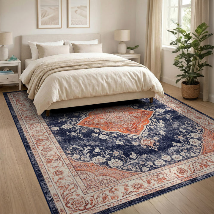 Blue and Teal Navy Blue Distressed Vintage Medallion Area Rug