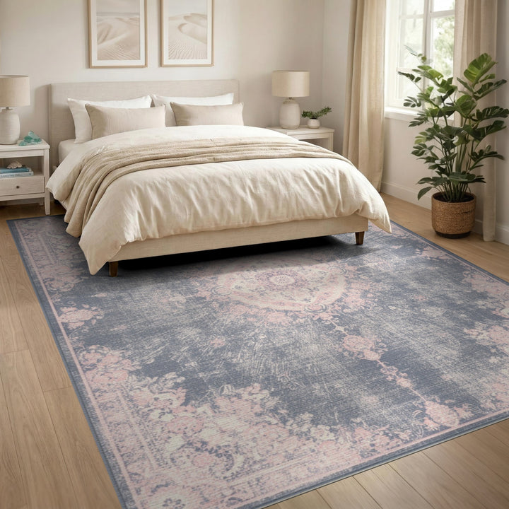 Distressed Vintage Pink Floral Grey Area Rug