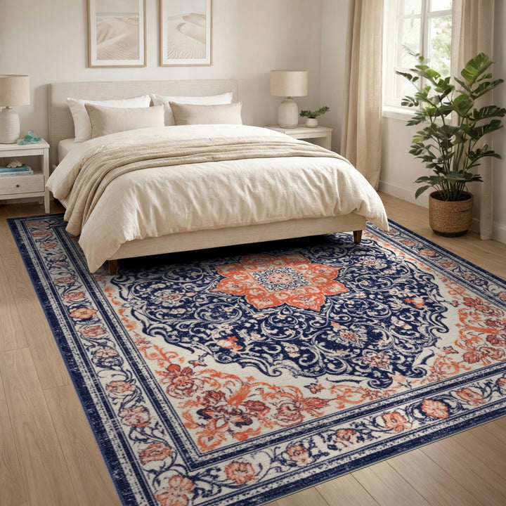 Traditional Persian Navy and Orange Area Rug