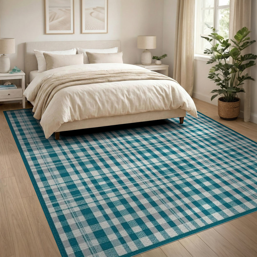 Blue Teal Checkered Washable Area Rug