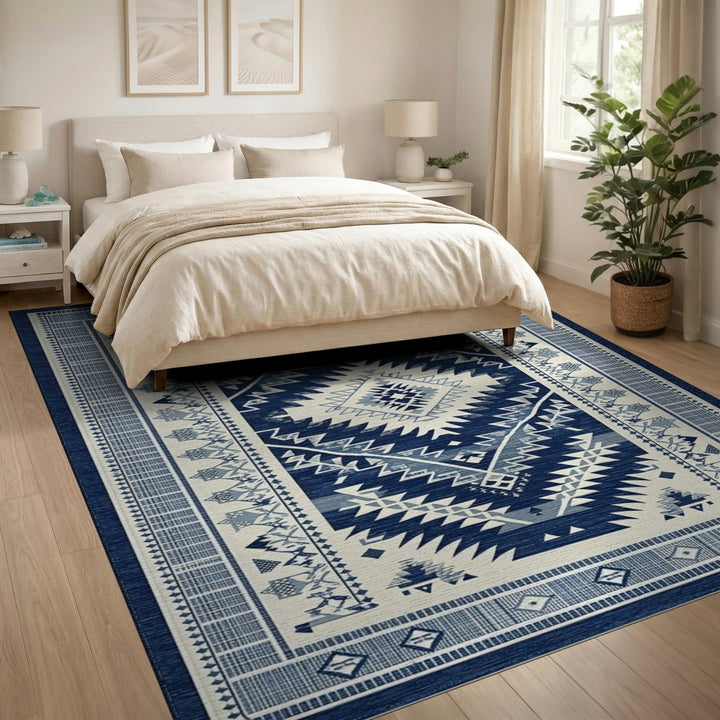 Navy Blue and Teal Navy Blue Heritage Tribal Area Rug
