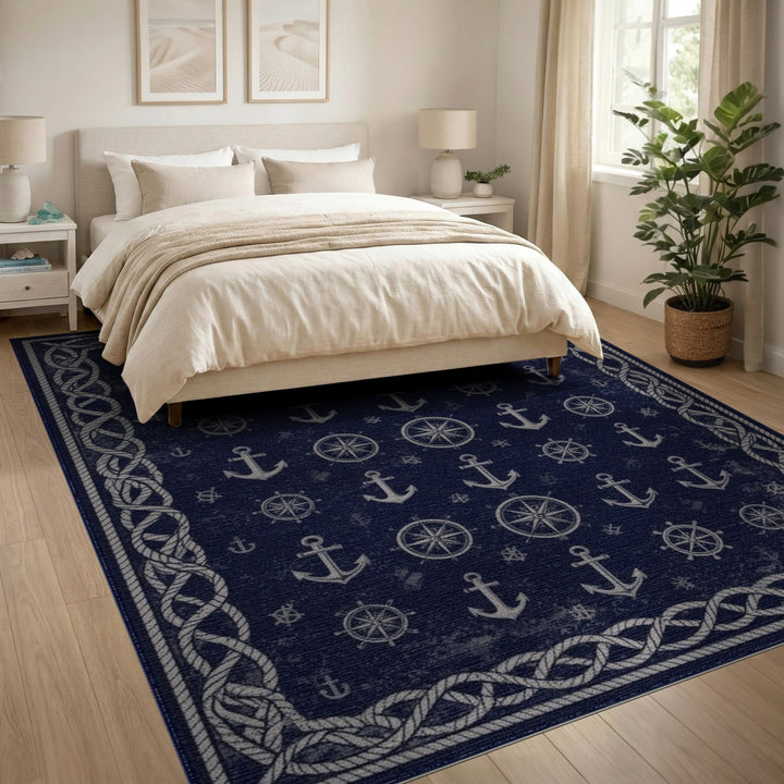Navy Blue Nautical Anchor Area Rug
