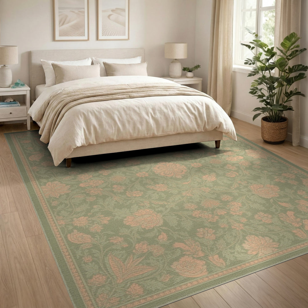Sage Green Floral Vintage Area Rug