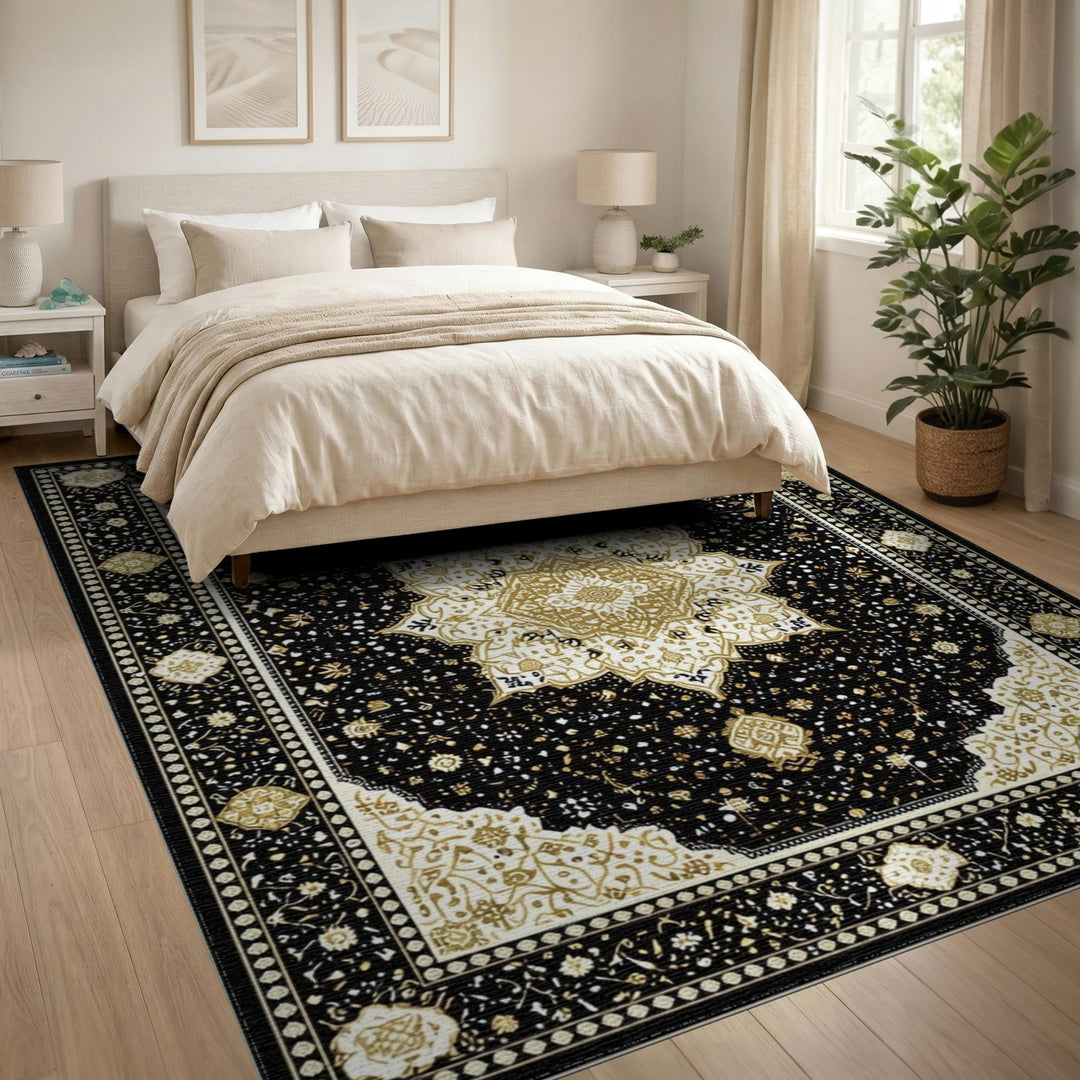 Traditional Persian Black Gold Persian Medallion Area Rug