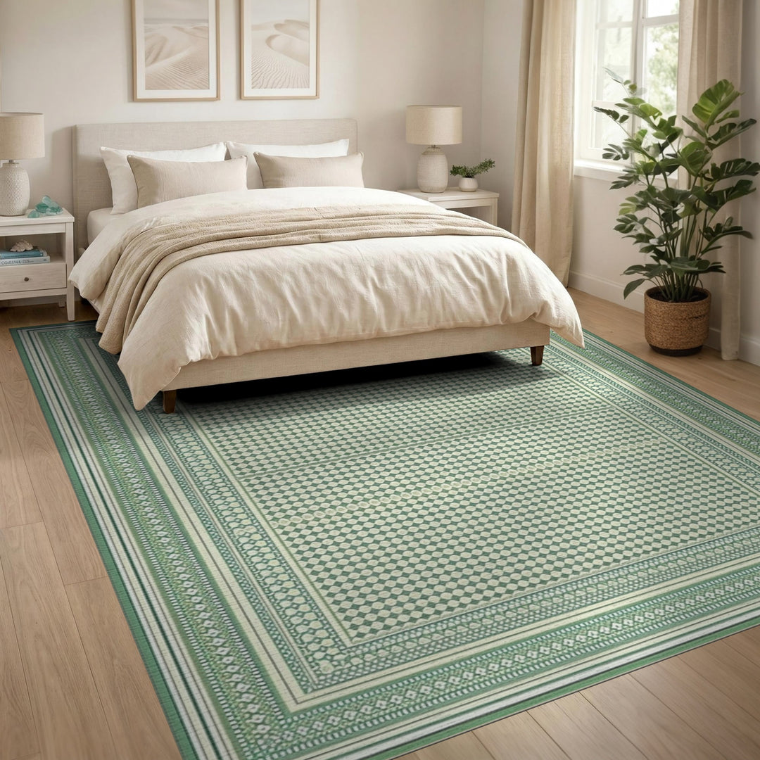 Green Geometric Bordered Area Rug