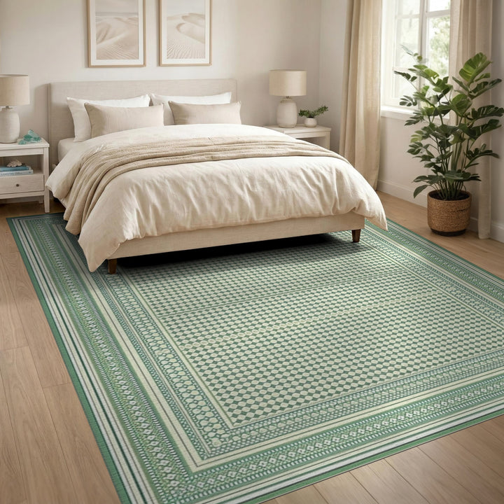 Green Geometric Bordered Area Rug