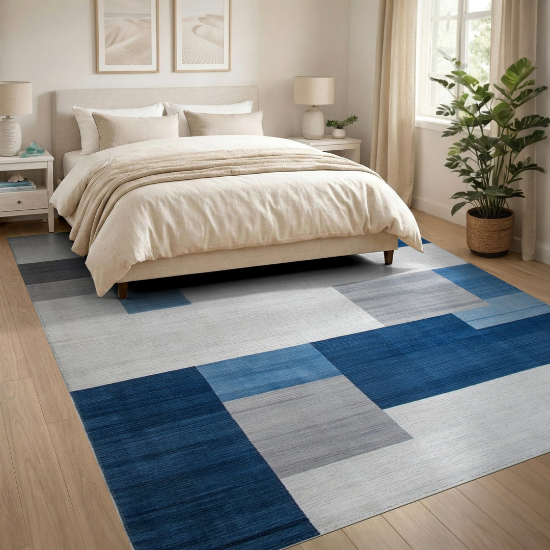 Geometric Modern Blue and Teal Blue Geometric Block Area Rug