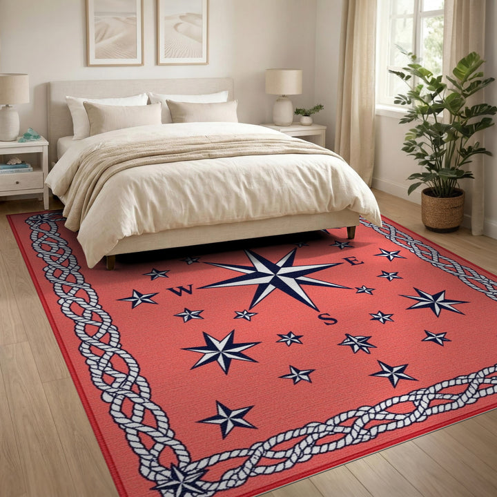 Red Nautical Compass Rope Border Area Rug