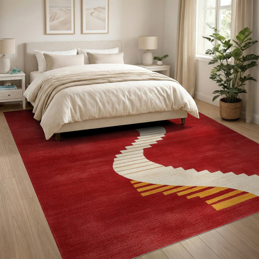 Red Geometric Wave Stair Area Rug