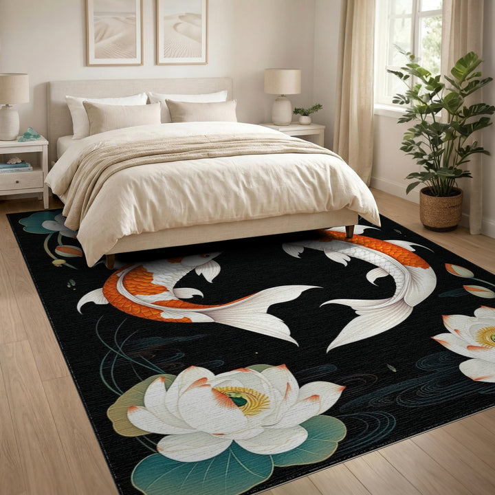 Orange Koi Lotus Black Area Rug