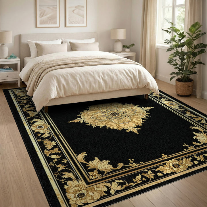 Gold Floral Medallion Black Area Rug
