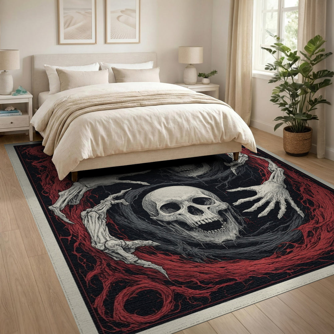 Gothic Skull Hands Red Swirl Rug