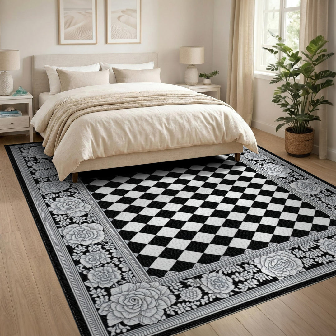 Black White Rose Floral Checkered Area Rug