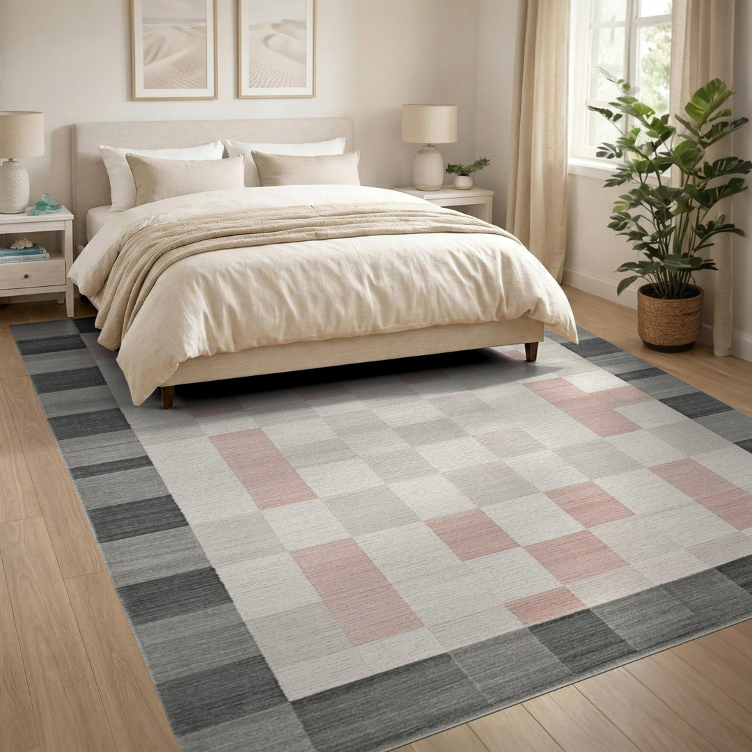 Grey Pink Checkered Geometric Area Rug