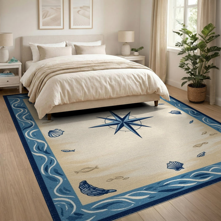 Blue and Teal Coastal Compass Blue Area Rug