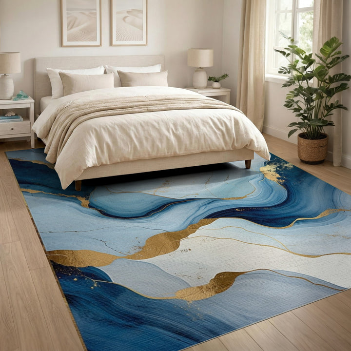 Blue Gold Abstract Flow Area Rug