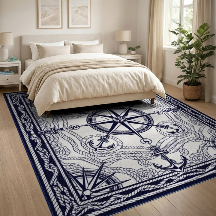 Coastal Beach Nautical Compass Anchor Area Rug