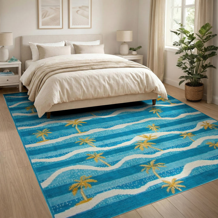 Blue and Teal Blue Teal Palm Wave Coastal Area Rug