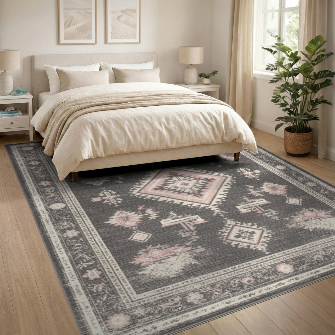 Grey Pink Heritage Tribal Area Rug