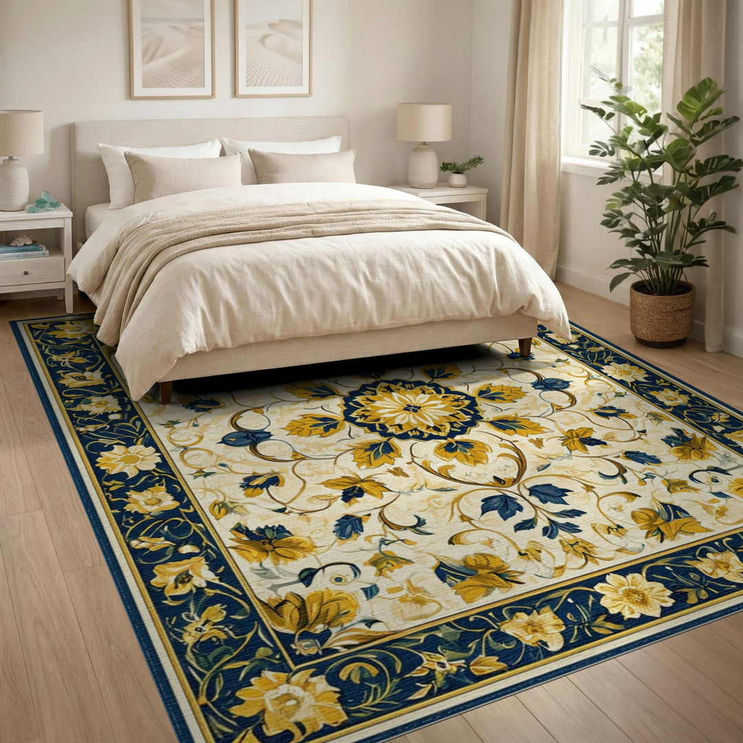 Blue and Gold Floral Medallion Area Rug