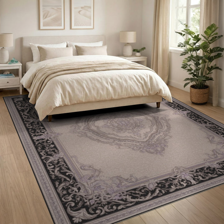 Ornate Floral Medallion Black Border Area Rug