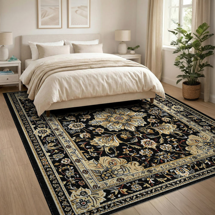 Black Gold Persian Floral Medallion Area Rug