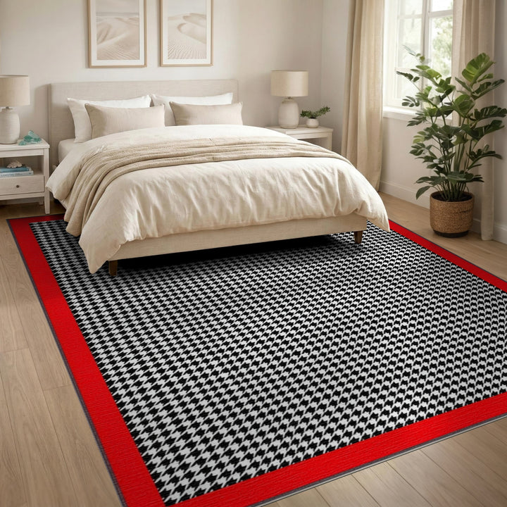 Black White Houndstooth Rug with Red Border