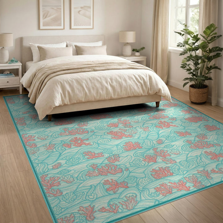 Teal Coral Wave Washable Area Rug